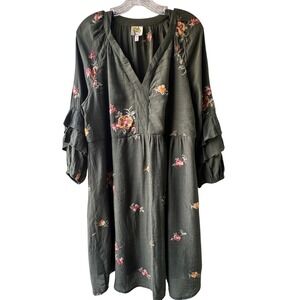 Anthropologie Fig and Flower Embroidered Dress Green Floral size L